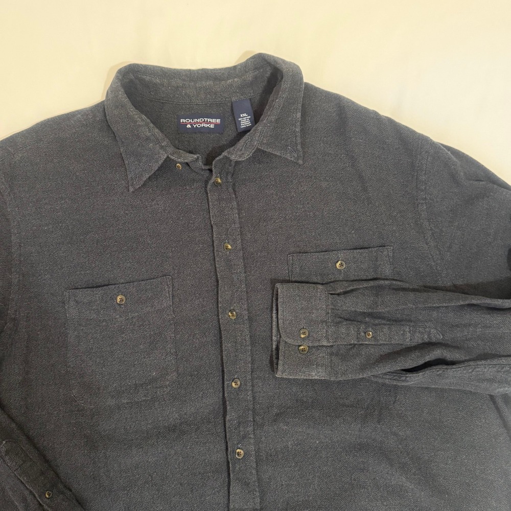 Roundtree & Yorke Men XXL Navy Blue Herringbone Flannel Button Down Shirt Cotton